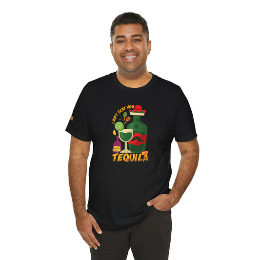 Model wearing a funny tequila-themed t-shirt, available in multiple colors and plus sizes.