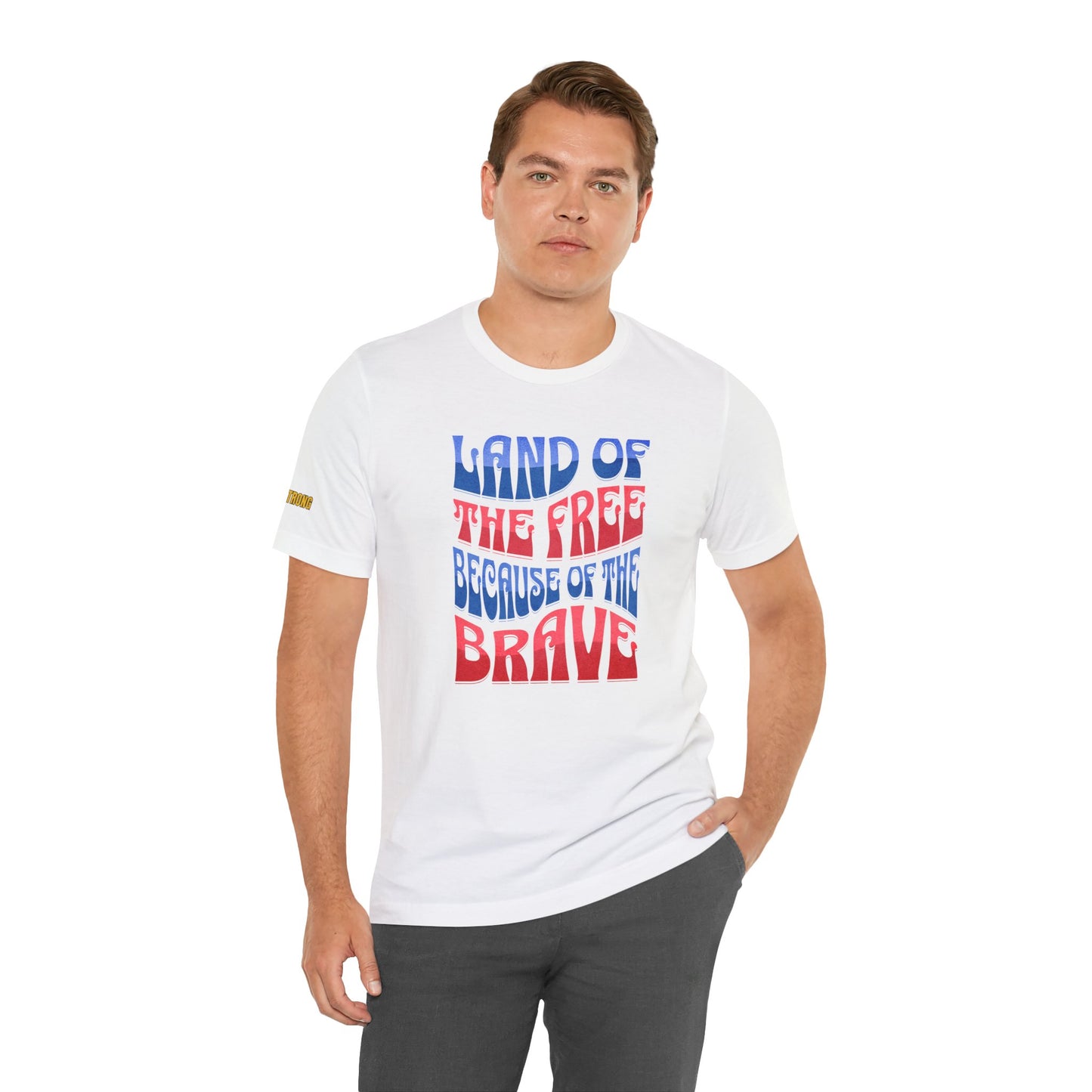 Show your American pride! This Land of the Free Because of the Brave t-shirt is perfect for 4th of July, veterans, and patriots who love the USA!  in white.