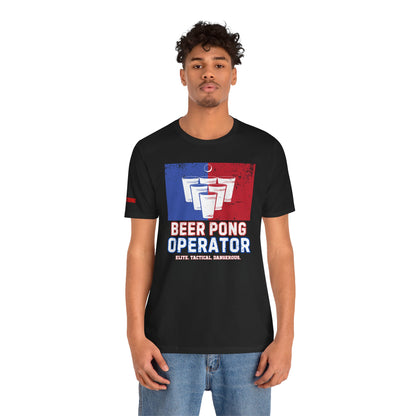 A distressed-style red, white, and blue beer pong design with bold text reading "Beer Pong Operator" and the tagline "Elite. Tactical. Dangerous." Perfect for 4th of July, Independence Day parties, and patriotic beer pong battles.
