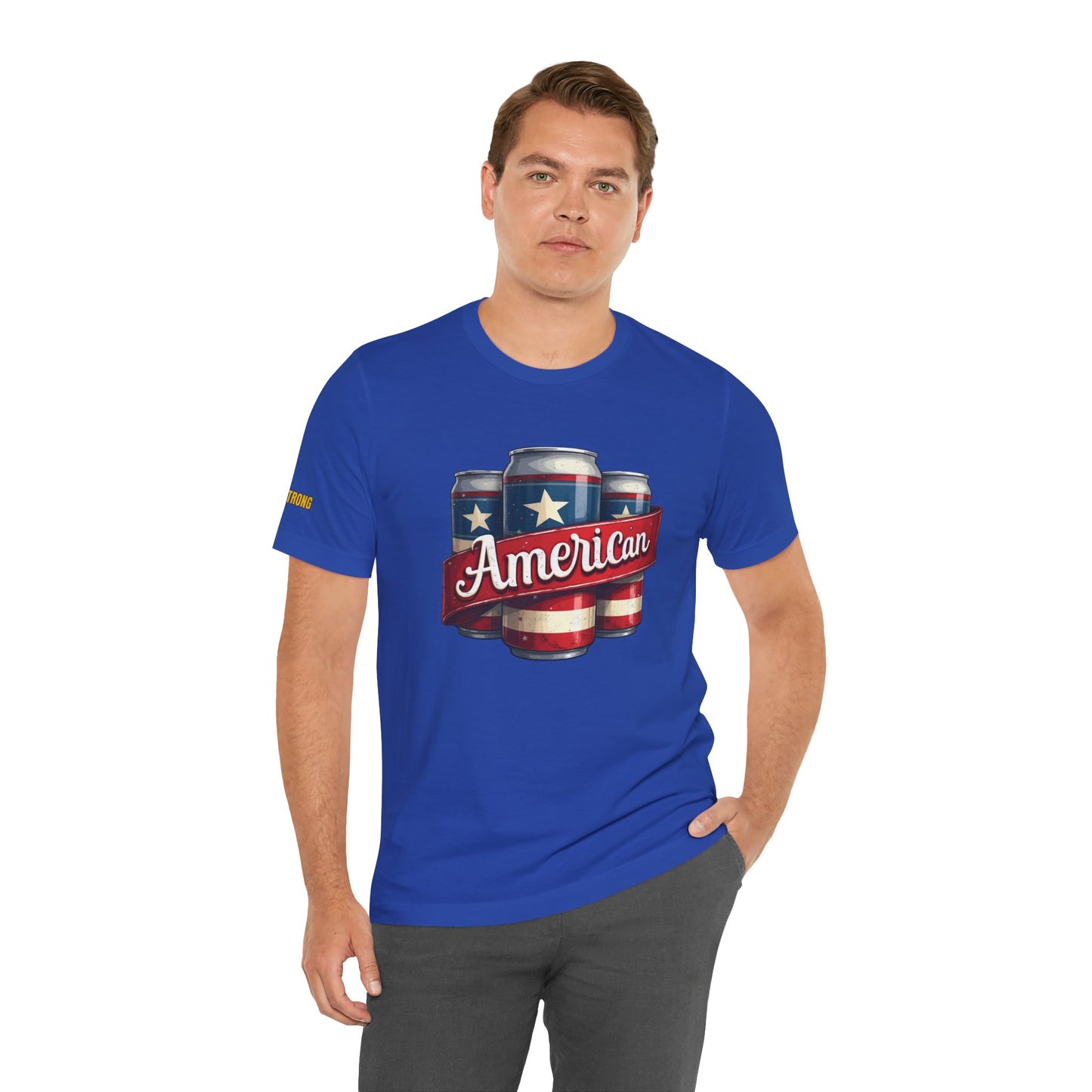 Patriotic beer t-shirt featuring a vintage-style illustration of American flag beer cans with a bold "American" banner. In Royal. 