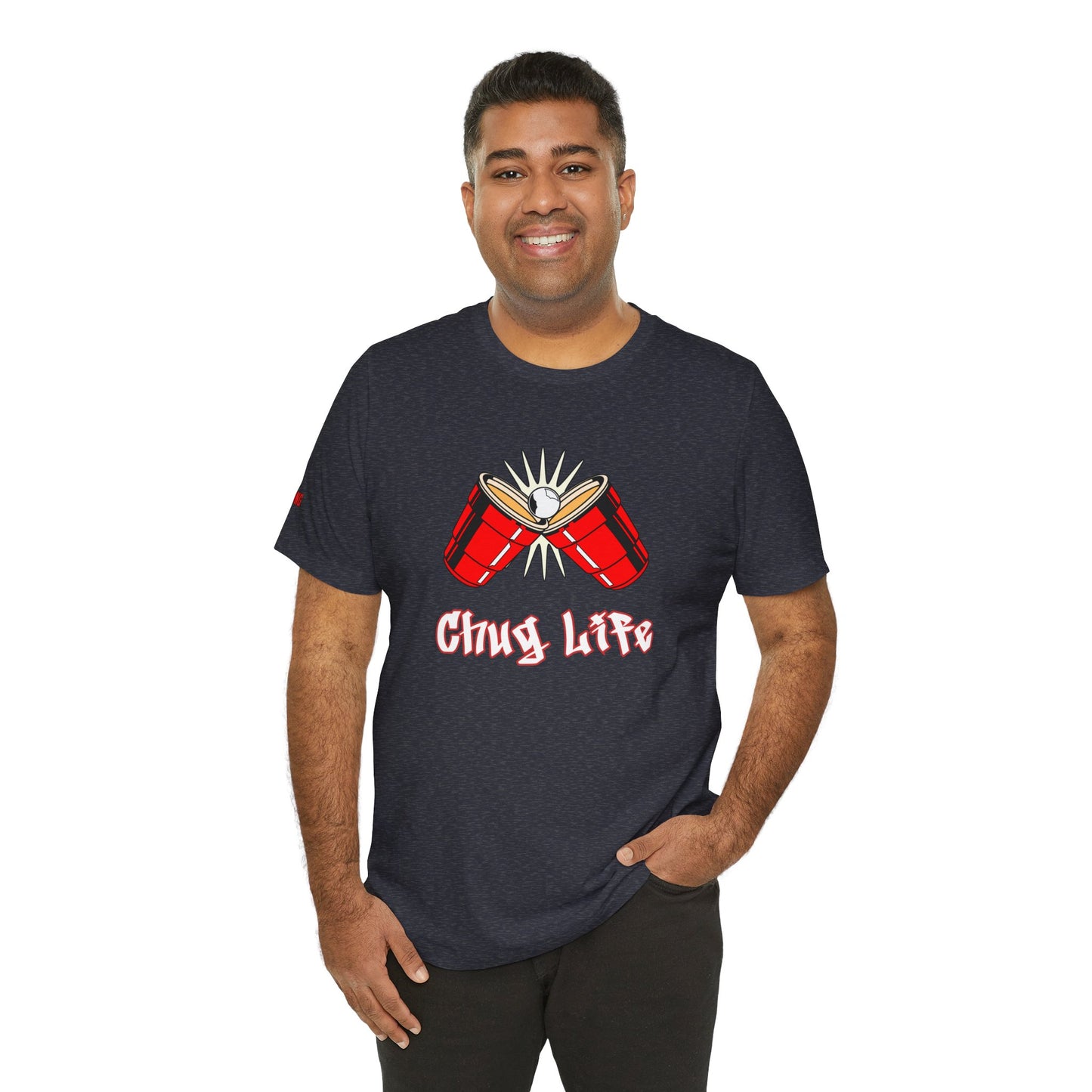 Funny beer pong t-shirt featuring two red party cups clinking with a beer pong ball in the center. The text reads “Chug Life” in a bold, graffiti-style font.