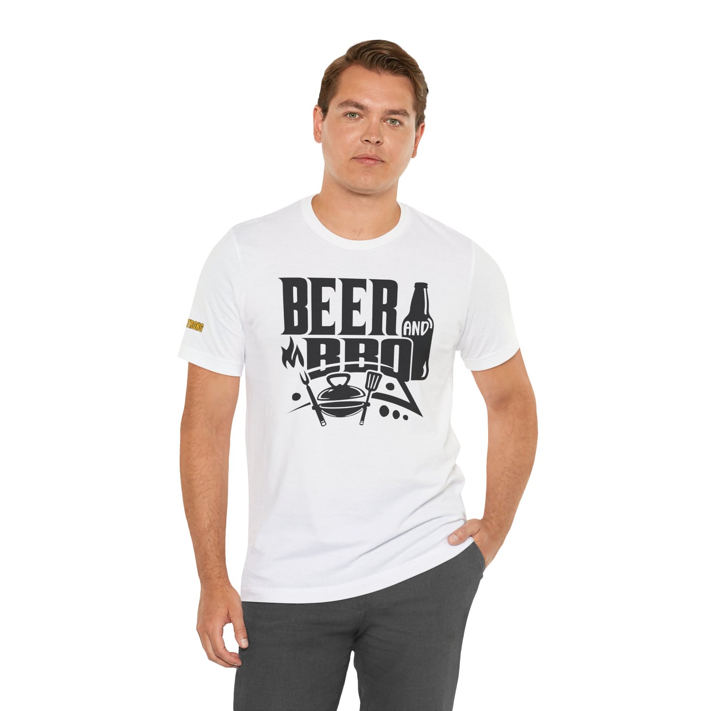 Beer and BBQ-themed t-shirt design for summer cookouts, featuring a classic grilling and beer lovers’ motif.