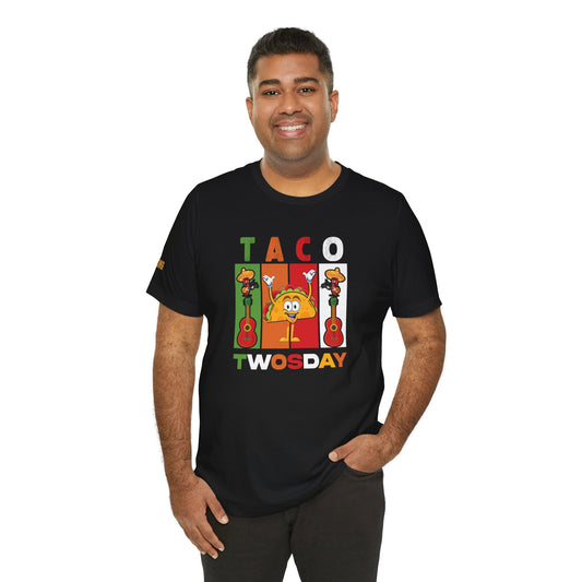Model wearing a Taco Twosday t-shirt, available in multiple colors and plus sizes.