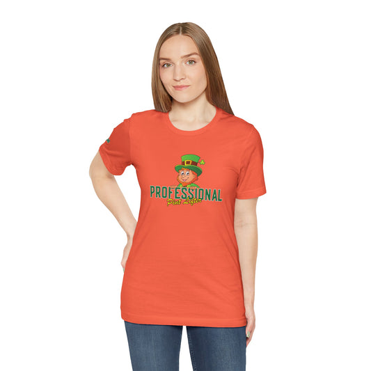 Cartoon leprechaun leaning over the words "Professional Pint Lifter", smiling mischievously, with a classic green hat and shamrock accent. A fun and festive St. Patrick’s Day beer-drinking t-shirt for pub crawls and celebrations.