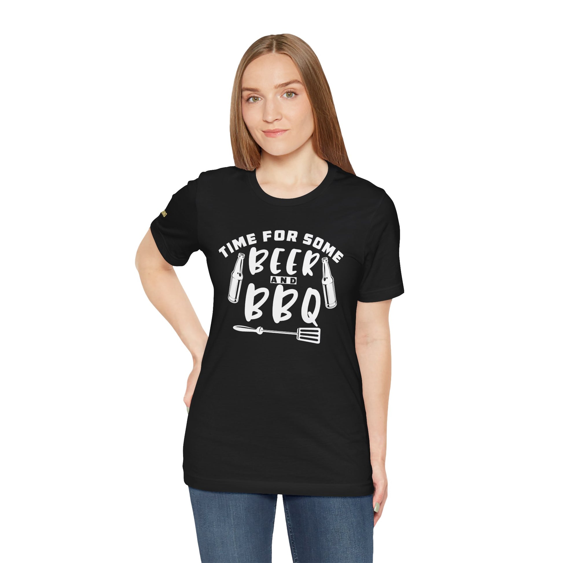 T-shirt featuring "Time for Some Beer & BBQ" design, perfect for backyard grillers, beer lovers, and barbecue enthusiasts.