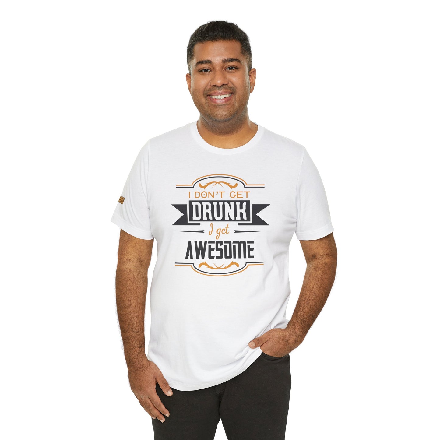 Ghosted mockup of "I dont get drunk, I get awesome" t-shirt in bold typography, available in multiple colors and plus sizes, ideal for bourbon fans and whiskey lovers.