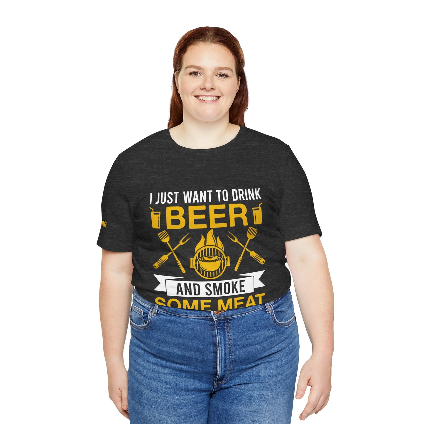 BBQ and Beer T-Shirt featuring grilling tools, a smoking grill, and bold text that says “I Just Want to Drink Beer and Smoke Some Meat.” in plus sizes.