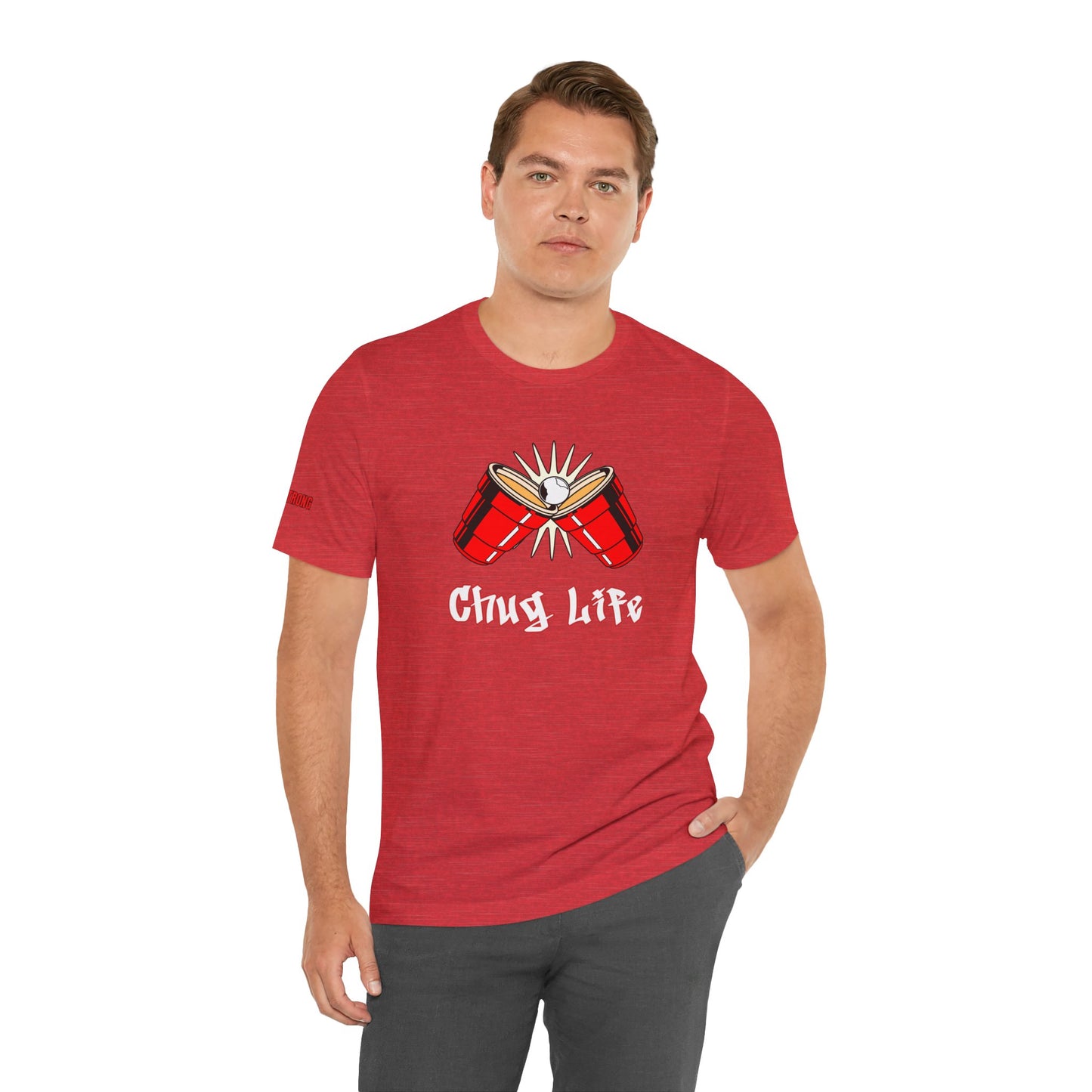 Funny beer pong t-shirt featuring two red party cups clinking with a beer pong ball in the center. The text reads “Chug Life” in a bold, graffiti-style font.