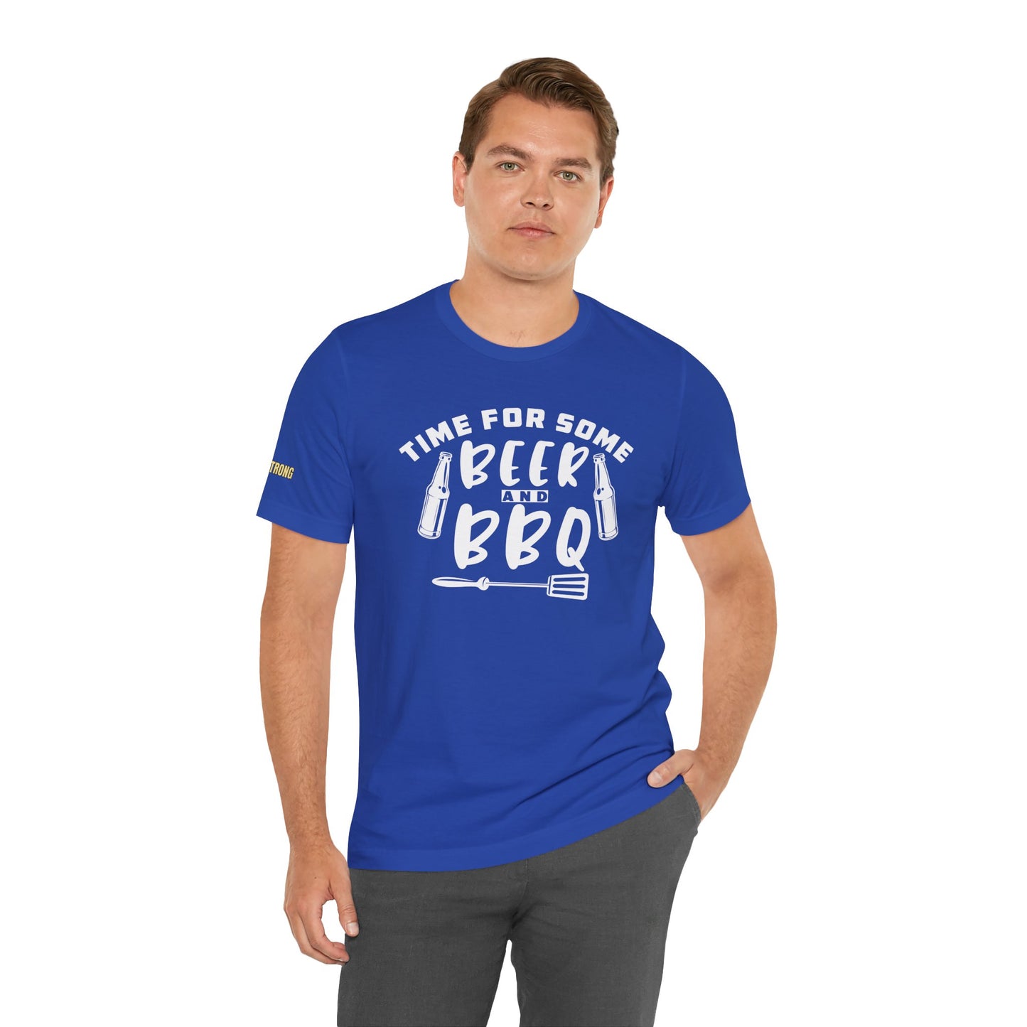 T-shirt featuring "Time for Some Beer & BBQ" design, perfect for backyard grillers, beer lovers, and barbecue enthusiasts. Royal Blue. 