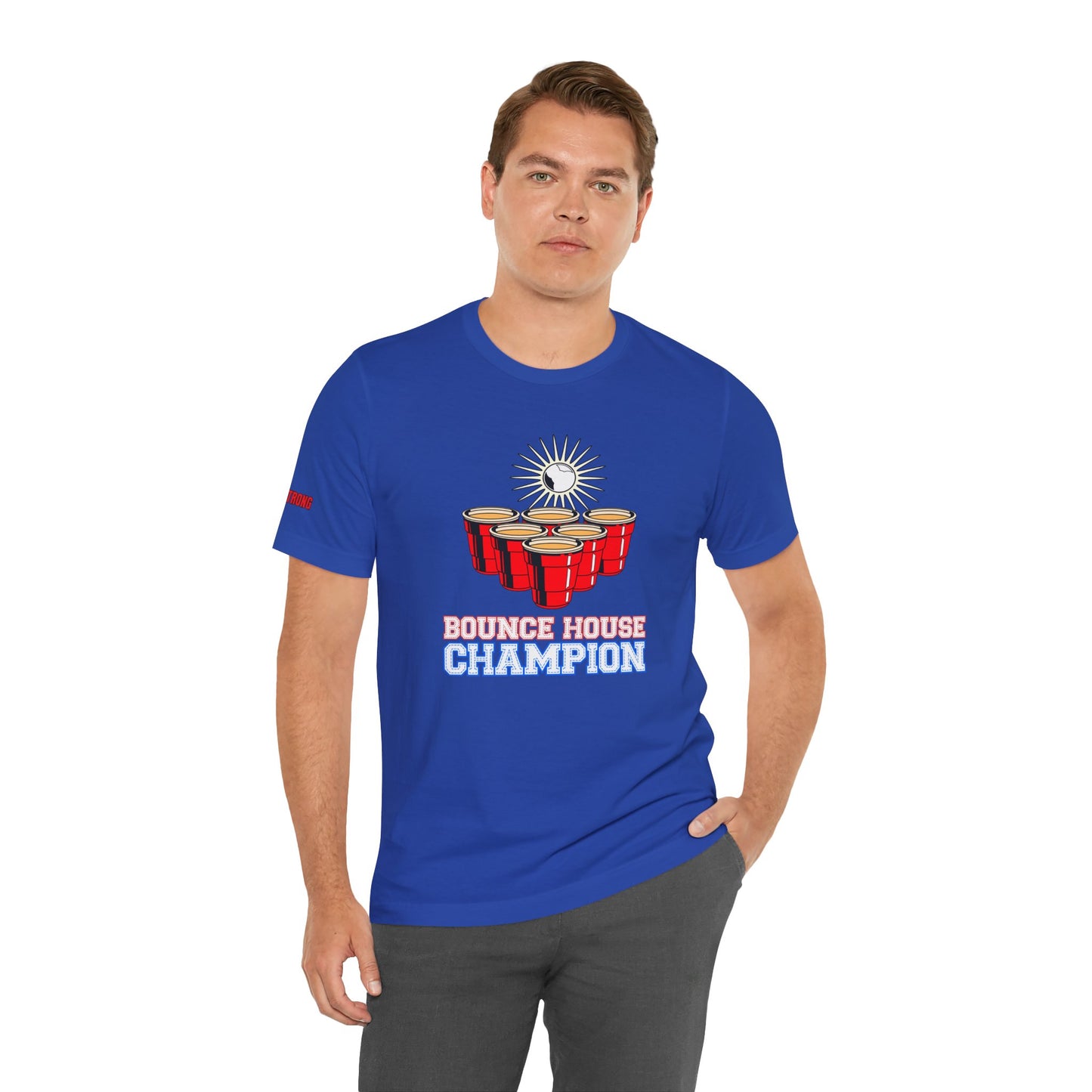 Beer pong-inspired t-shirt with red cups, a glowing ball in mid-bounce, and the bold text “Bounce House Champion.”