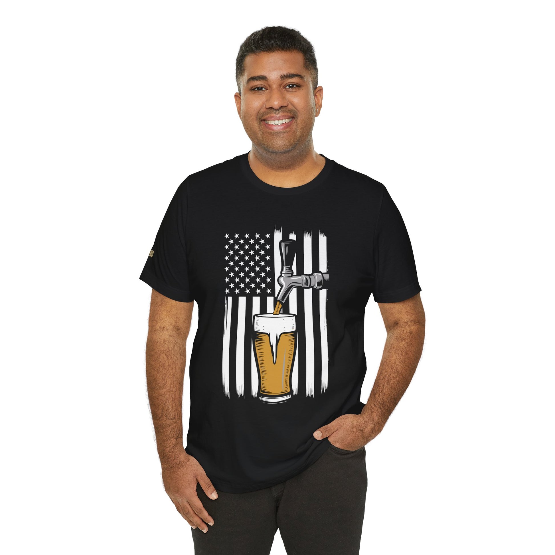 American flag-themed beer design featuring a tap pouring a golden pint in front of a black-and-white U.S. flag. In black.