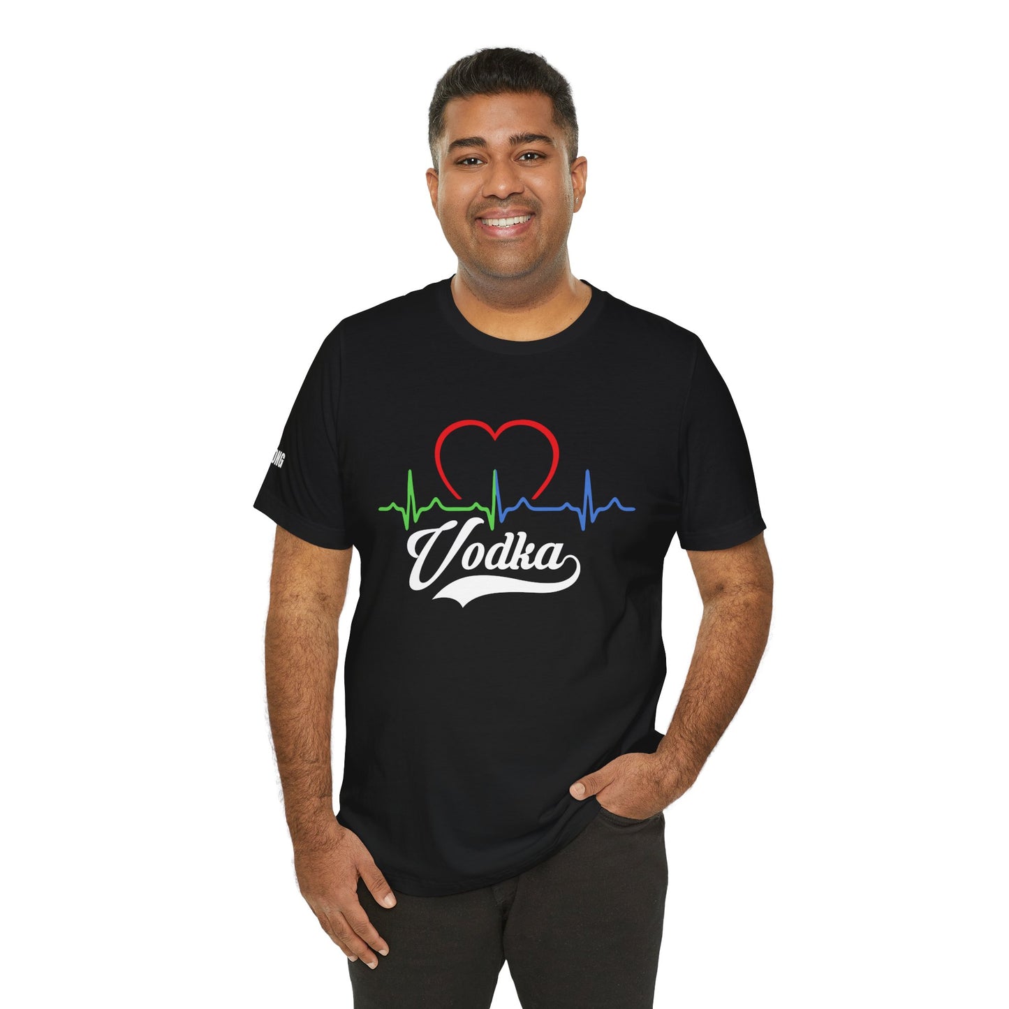 A model wearing the "Vodka Heartbeat" t-shirt, featuring a pulse-inspired design with vibrant colors, perfect for bartenders and vodka lovers.