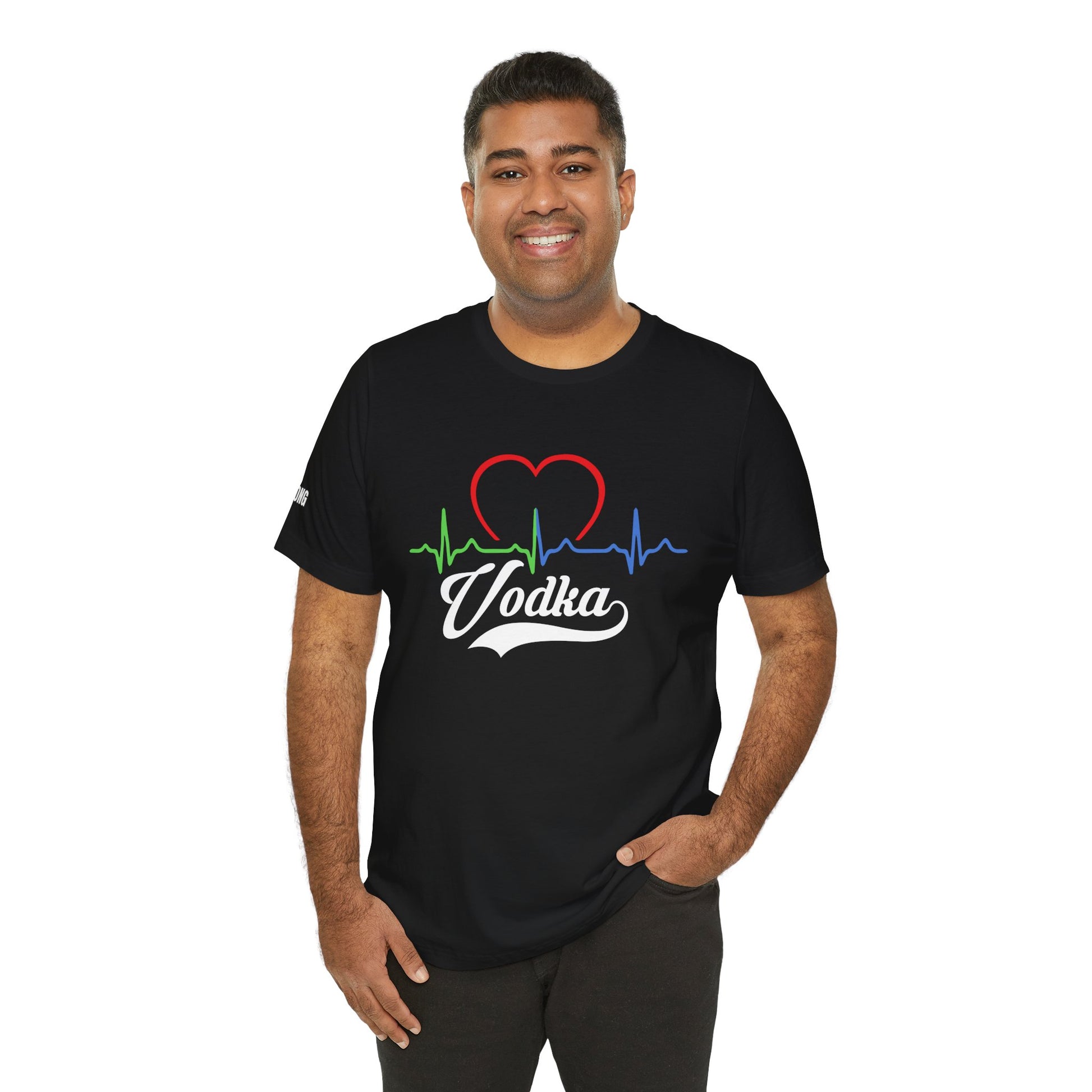 A model wearing the "Vodka Heartbeat" t-shirt, featuring a pulse-inspired design with vibrant colors, perfect for bartenders and vodka lovers.