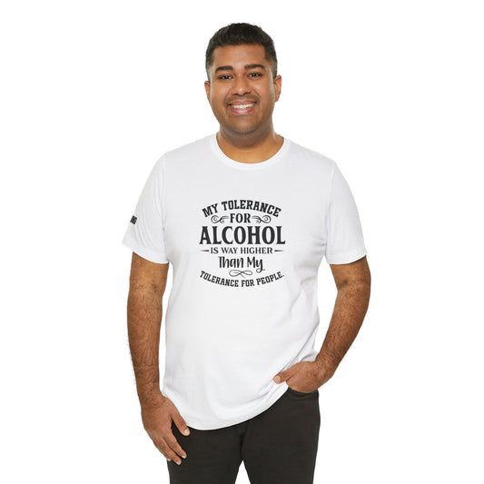 A model wearing the "My Tolerance for Alcohol Is Higher Than My Tolerance for People" design, available in multiple colors and plus sizes.