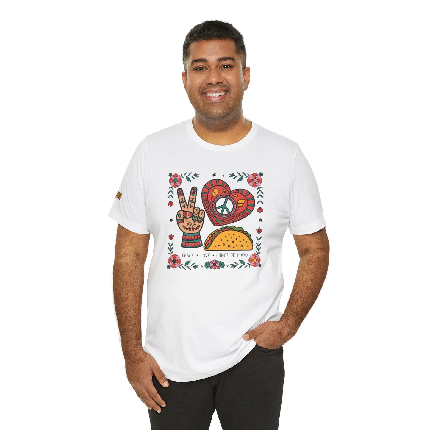 A model wearing the "Peace, Love, Cinco De Mayo" t-shirt, available in multiple colors and plus sizes.