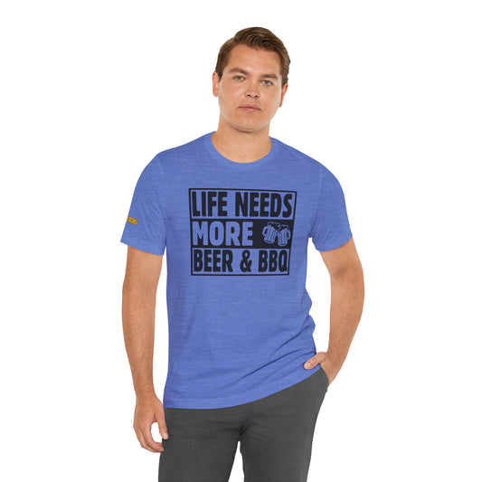 Life Needs More Beer & BBQ t-shirt design featuring bold typography with a playful barbecue and beer theme - blue.