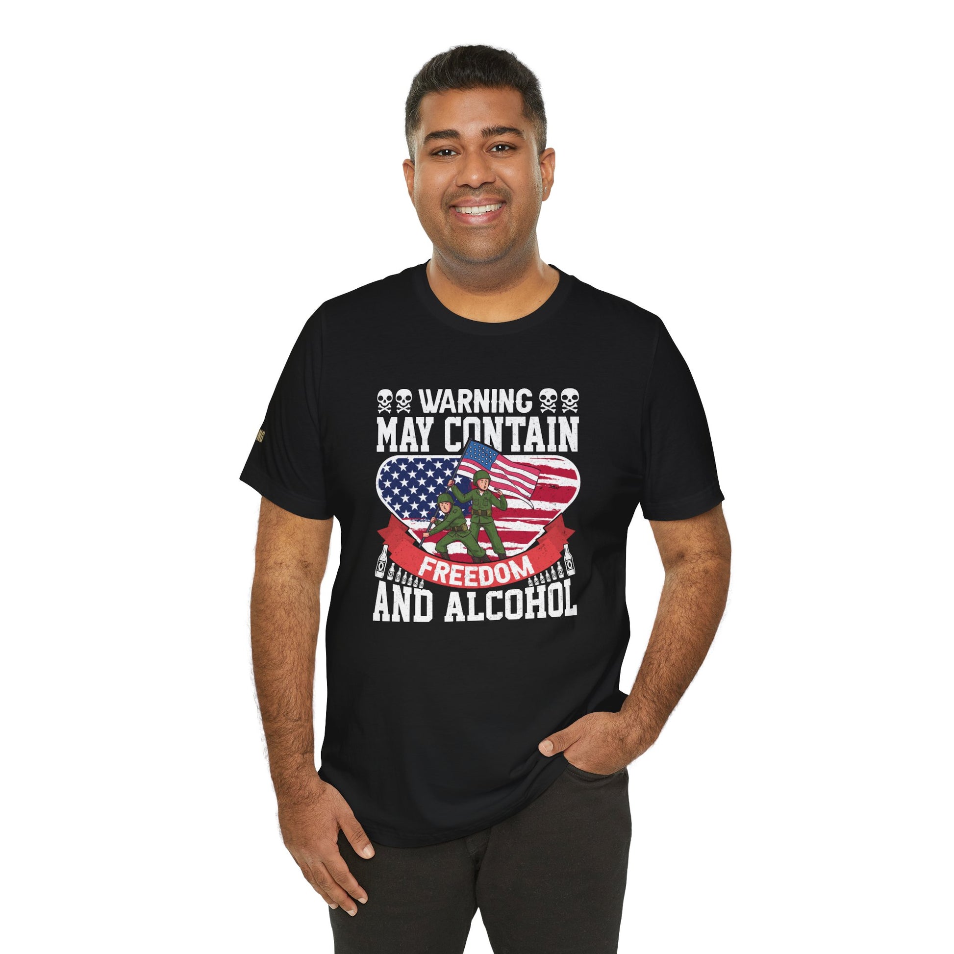 Funny ‘Warning May Contain Freedom & Alcohol’  quote T-Shirt with military soldiers raising an American flag – perfect for beer lovers and patriots. In black.