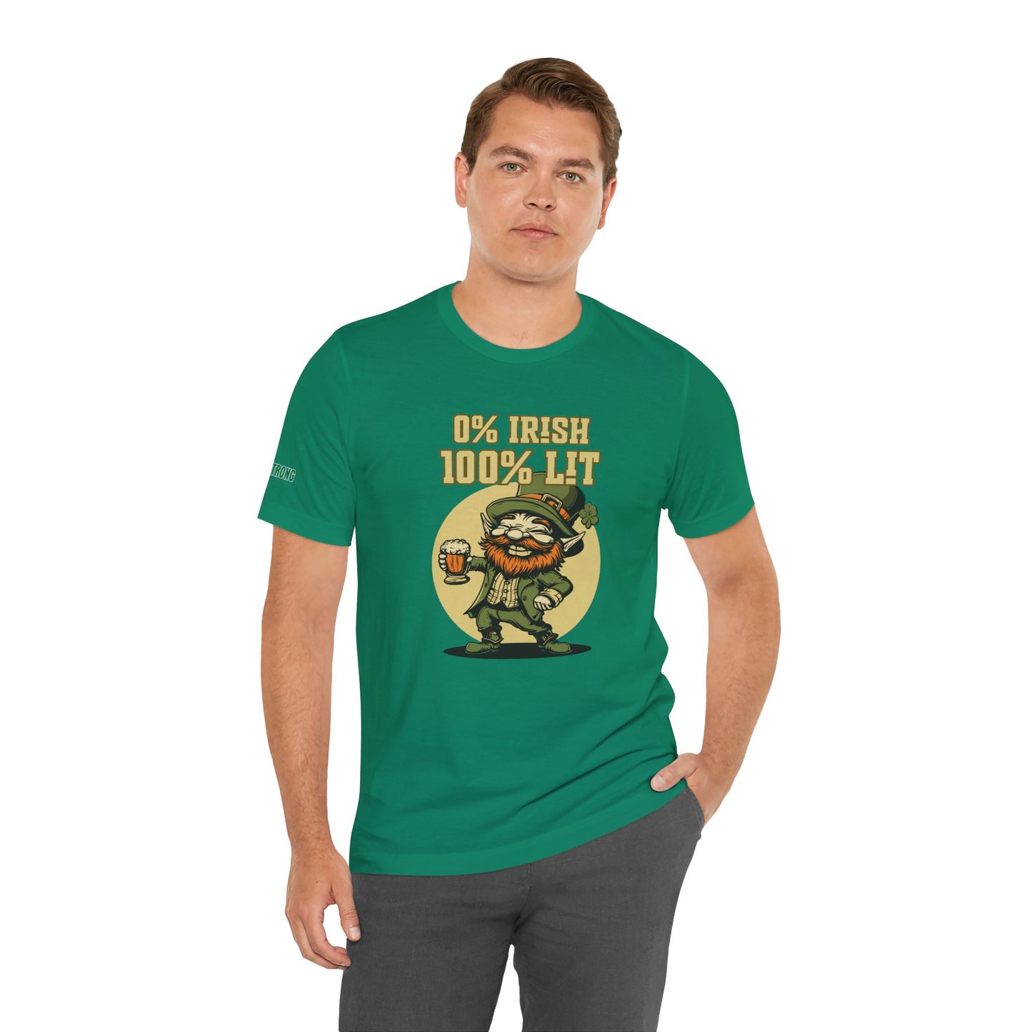 Illustrated leprechaun with a beer mug, grinning mischievously with the phrase "0% Irish, 100% Lit" above. A fun St. Patrick’s Day drinking t-shirt perfect for pub crawls, parties, and celebrations.