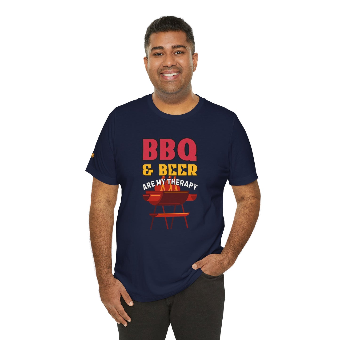 A bold and fun BBQ-themed t-shirt with the phrase "BBQ & Beer Are My Therapy", featuring a flaming grill. Perfect for grill masters, beer lovers, and backyard BBQ champions.