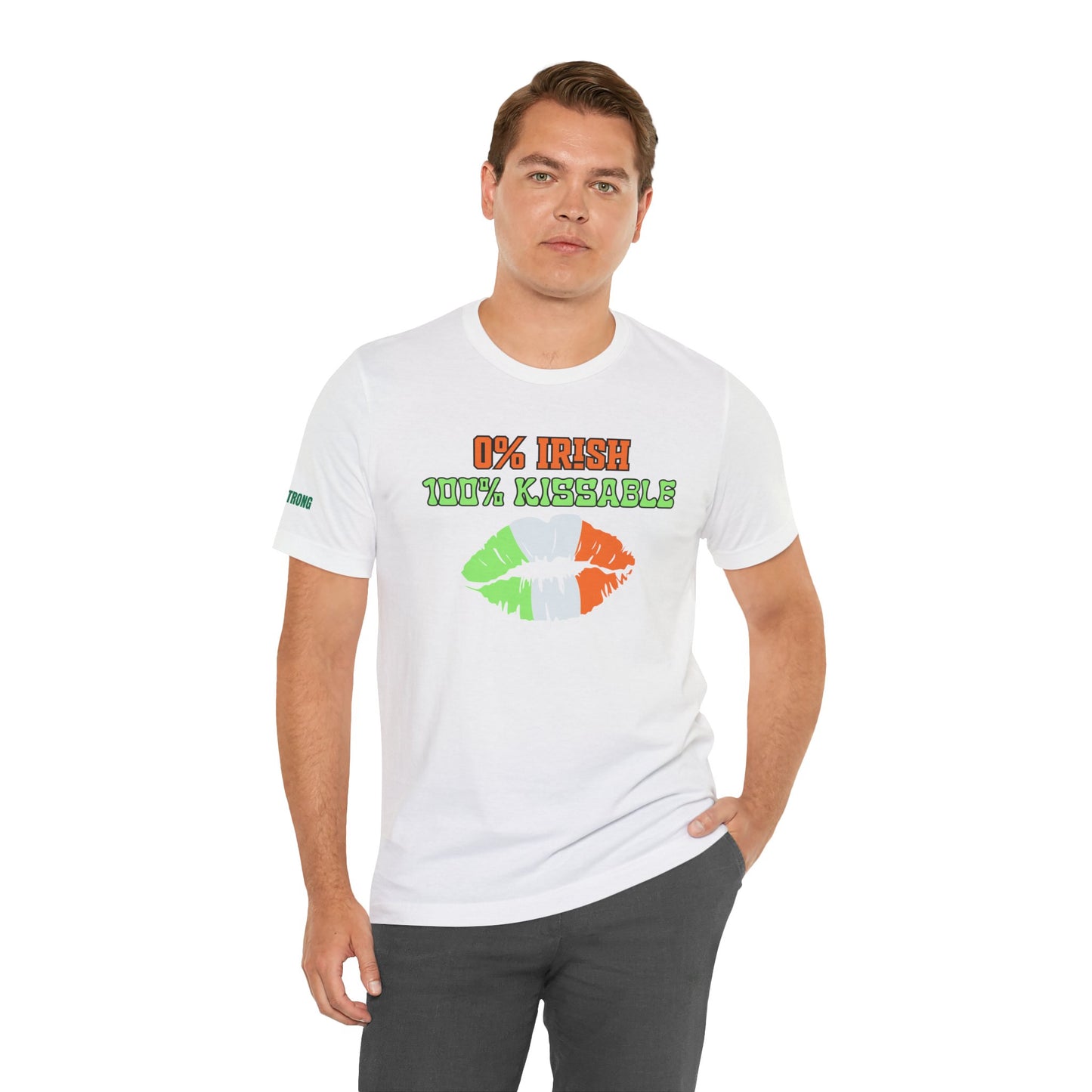 Funny St. Patrick’s Day t-shirt with a bold lip print in the Irish flag colors and the phrase “0% Irish, 100% Kissable” in bold, playful font. A perfect flirty tee for St. Paddy’s Day parties and bar crawls.