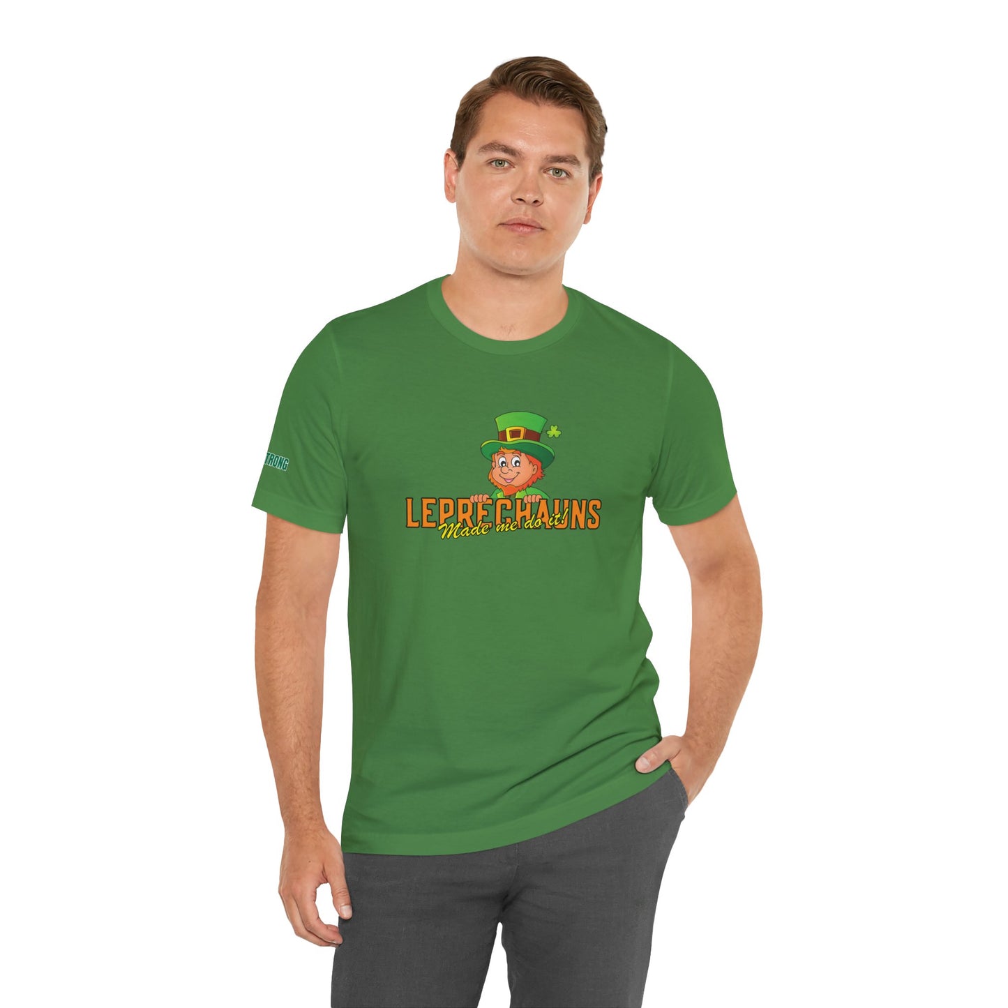 Illustrated cheerful leprechaun in a green hat leaning over text that reads "Leprechauns Made Me Do It." A funny St. Patrick’s Day drinking t-shirt for partygoers and beer lovers.