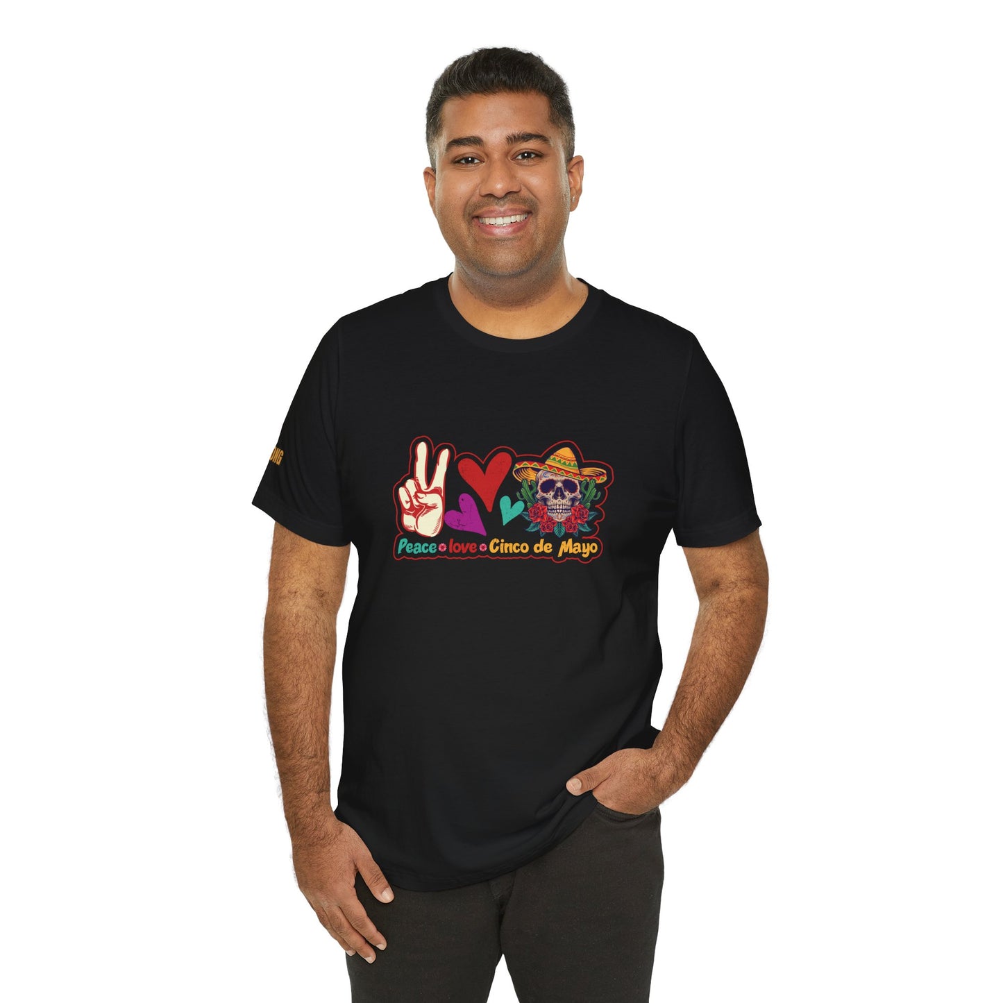 Festive Cinco de Mayo t-shirt with a colorful sugar skull and peace sign. Available in multiple colors and plus sizes.