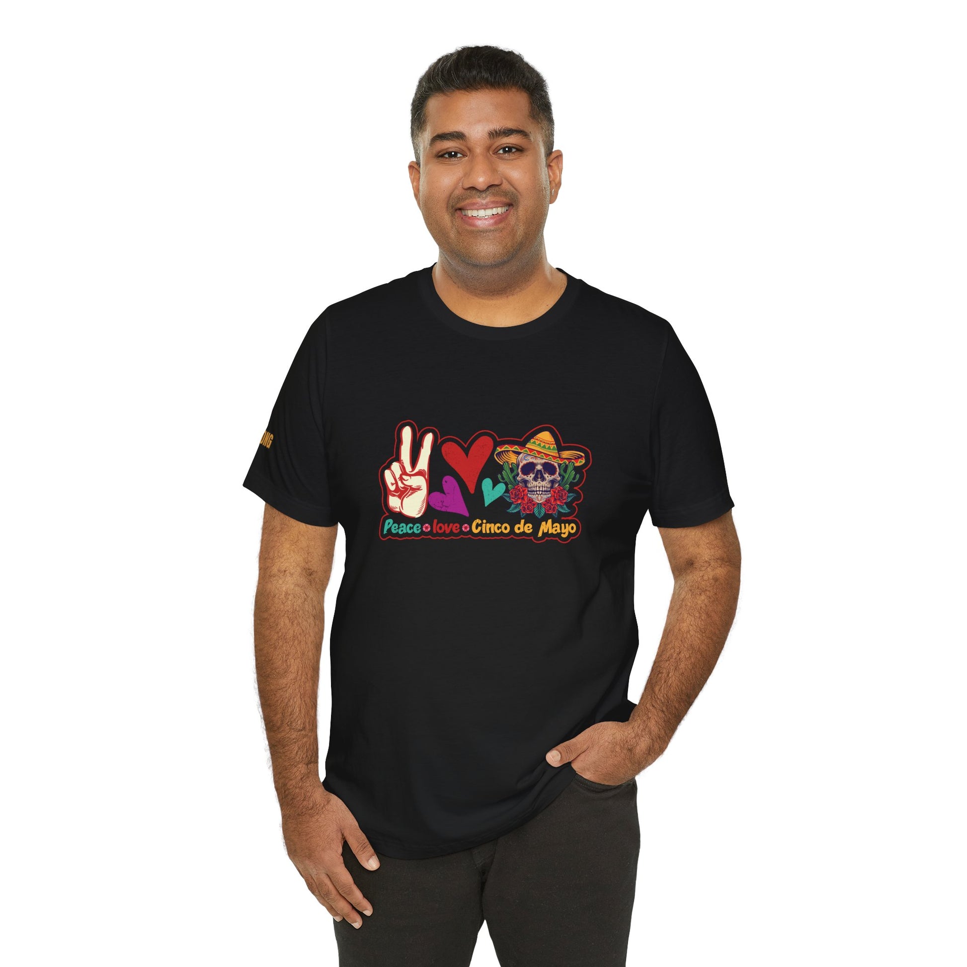 Festive Cinco de Mayo t-shirt with a colorful sugar skull and peace sign. Available in multiple colors and plus sizes.