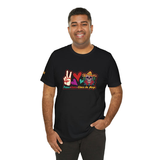 Festive Cinco de Mayo t-shirt with a colorful sugar skull and peace sign. Available in multiple colors and plus sizes.