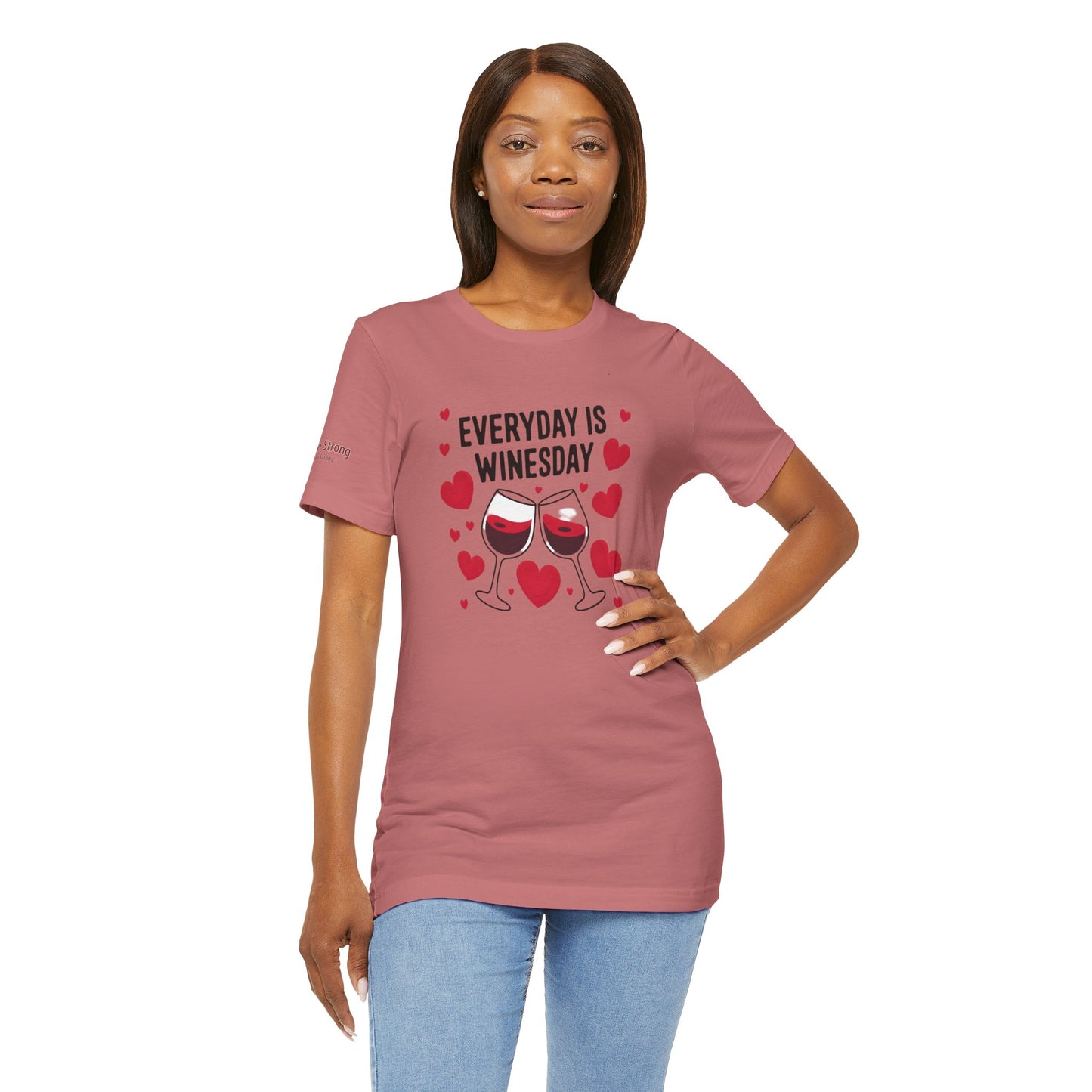 A cheerful wine-themed design featuring two clinking glasses of red wine surrounded by hearts, with the phrase "Everyday is Winesday" in bold typography.