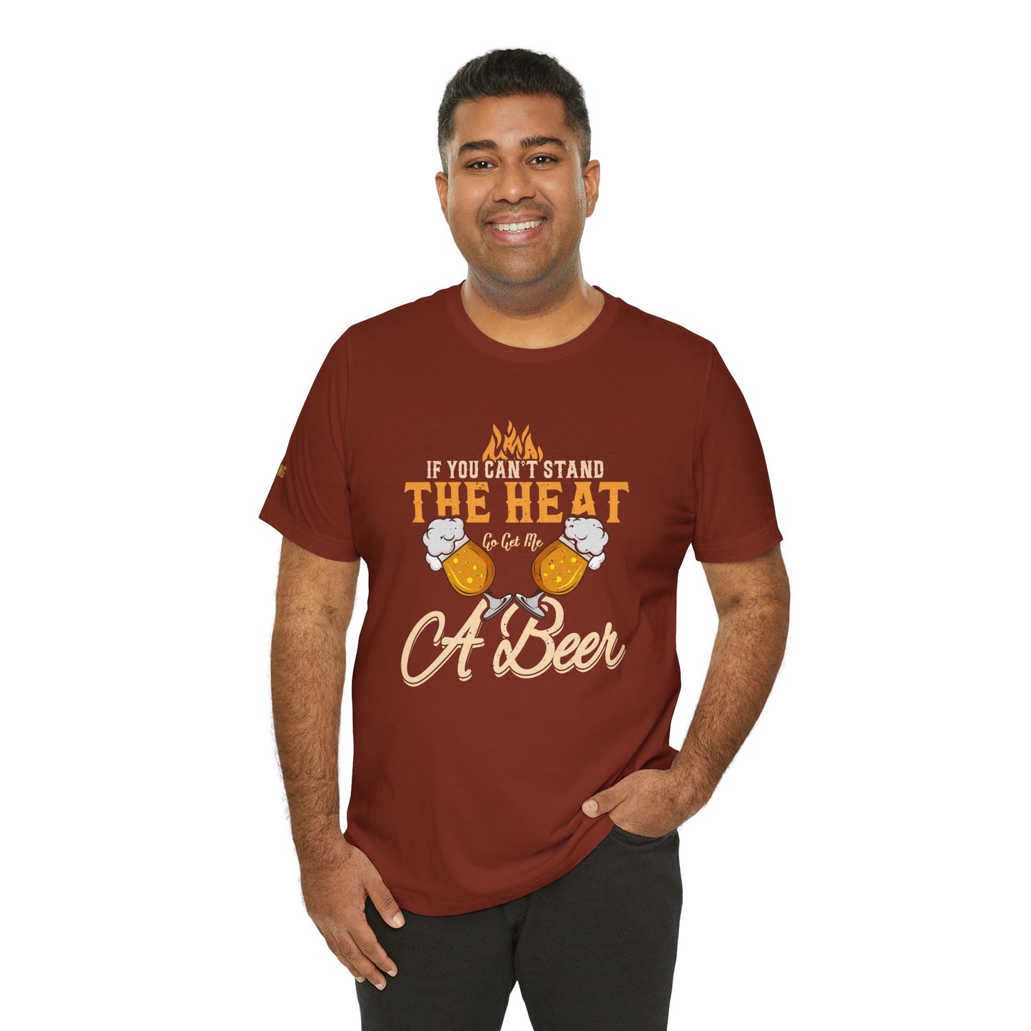 BBQ and beer-themed t-shirt with "If You Can’t Stand the Heat, Go Get Me a Beer" design, featuring beer mugs and flames.