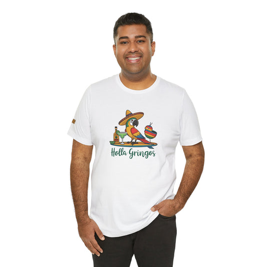 A model wearing the "Holla Gringos" Cinco de Mayo t-shirt, celebrating with bold colors and festive vibes.