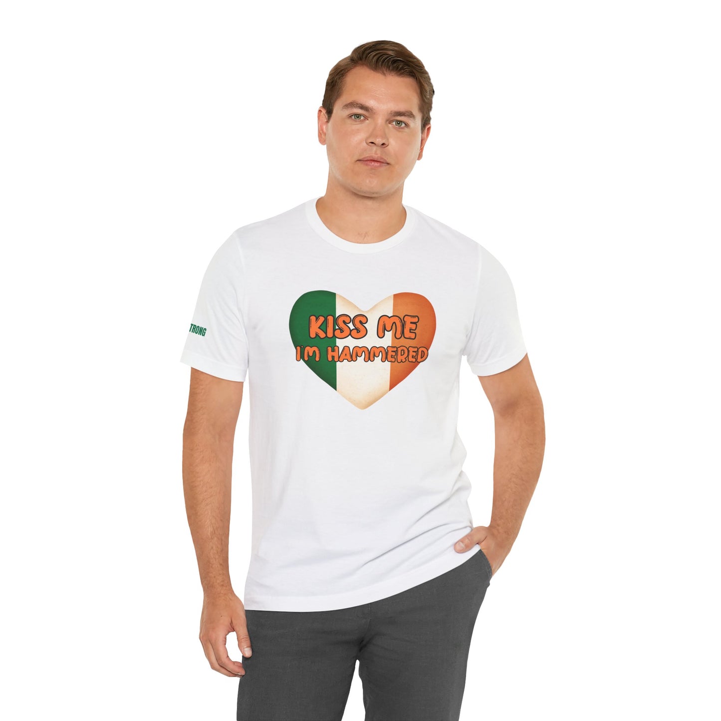 Funny St. Patrick’s Day t-shirt featuring a heart-shaped Irish flag with the phrase “Kiss Me, I’m Hammered” in bold, playful font.