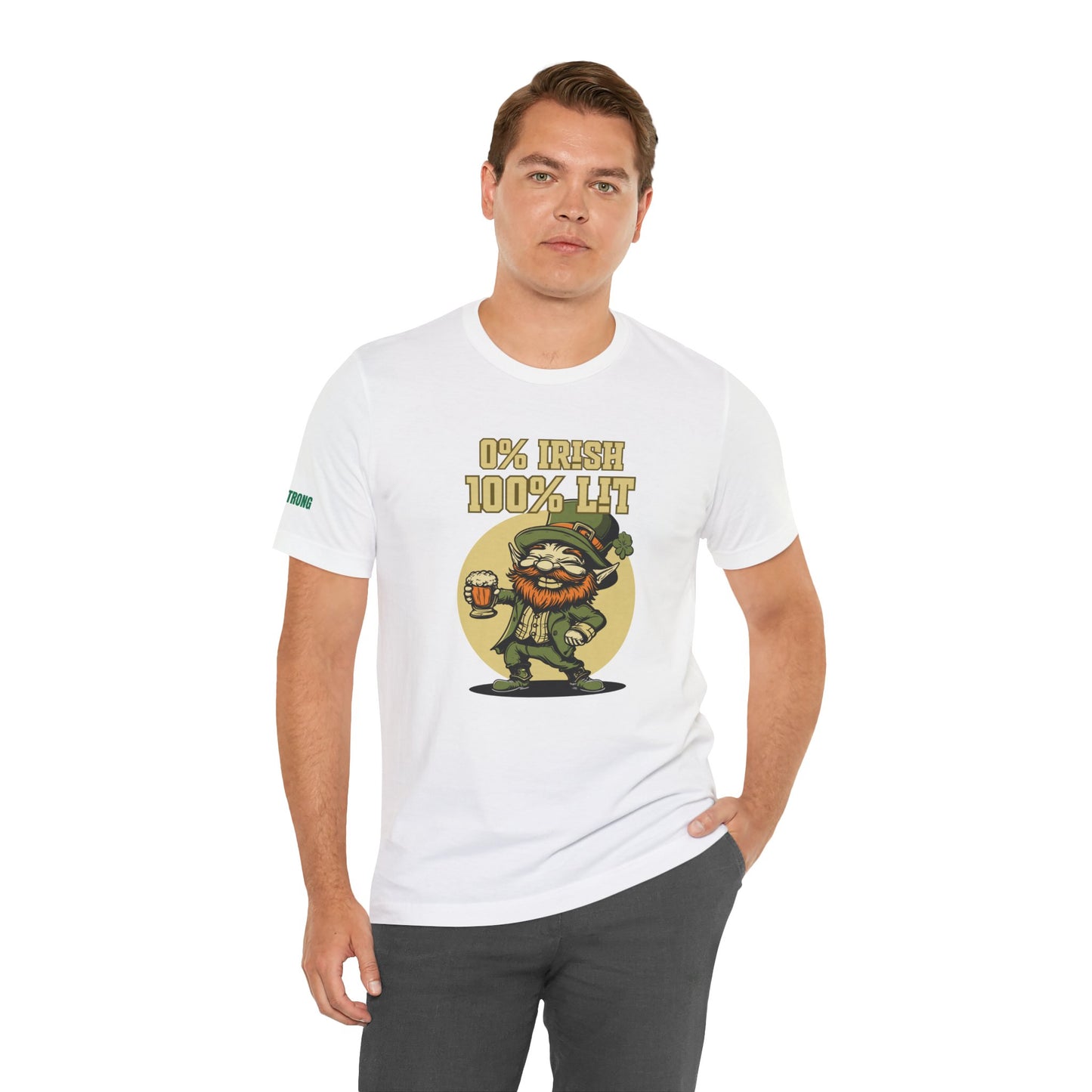 Illustrated leprechaun with a beer mug, grinning mischievously with the phrase "0% Irish, 100% Lit" above. A fun St. Patrick’s Day drinking t-shirt perfect for pub crawls, parties, and celebrations.
