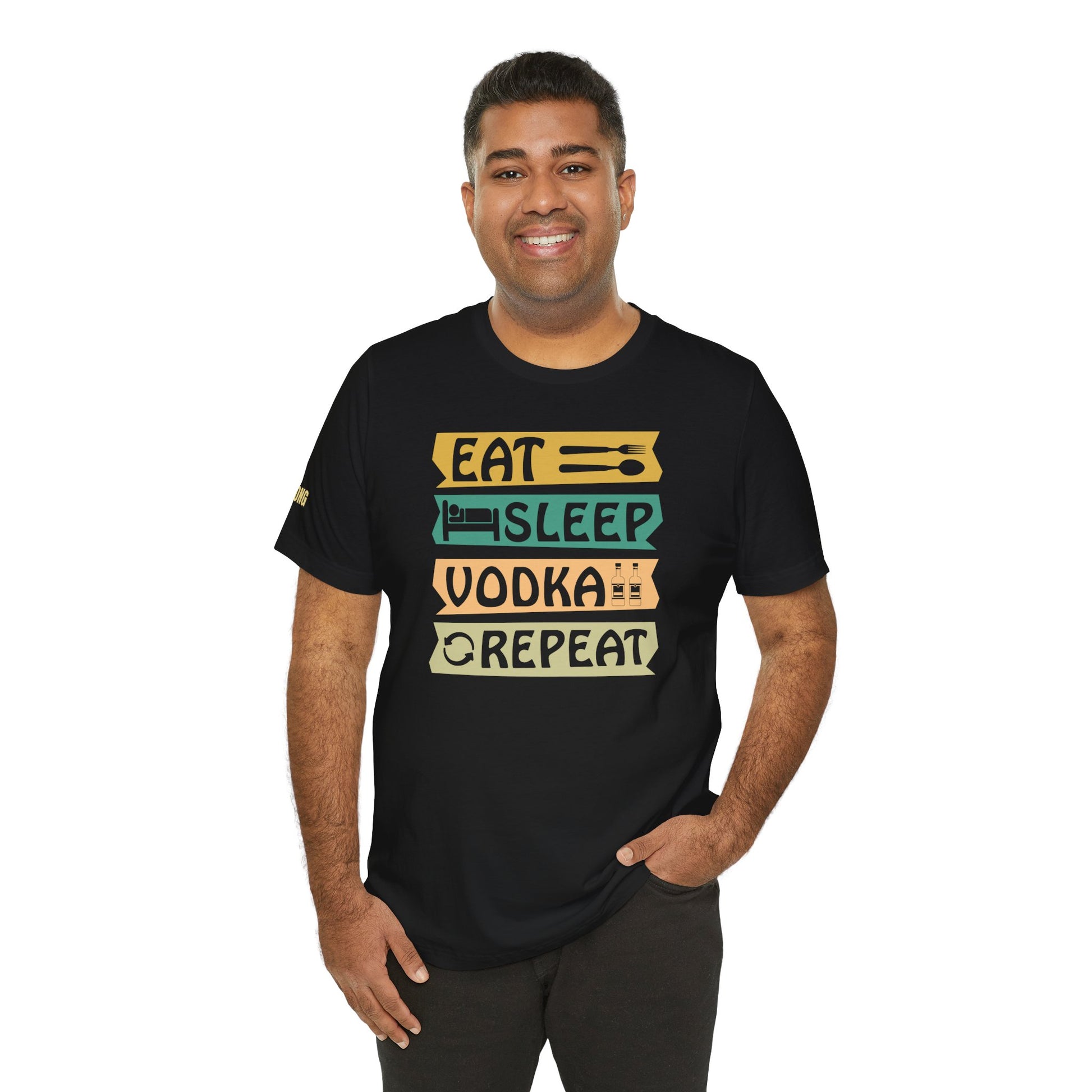 Model wearing the "Eat Sleep Vodka Repeat" t-shirt, available in multiple colors and plus sizes, ideal for vodka drinkers and nightlife lovers.
