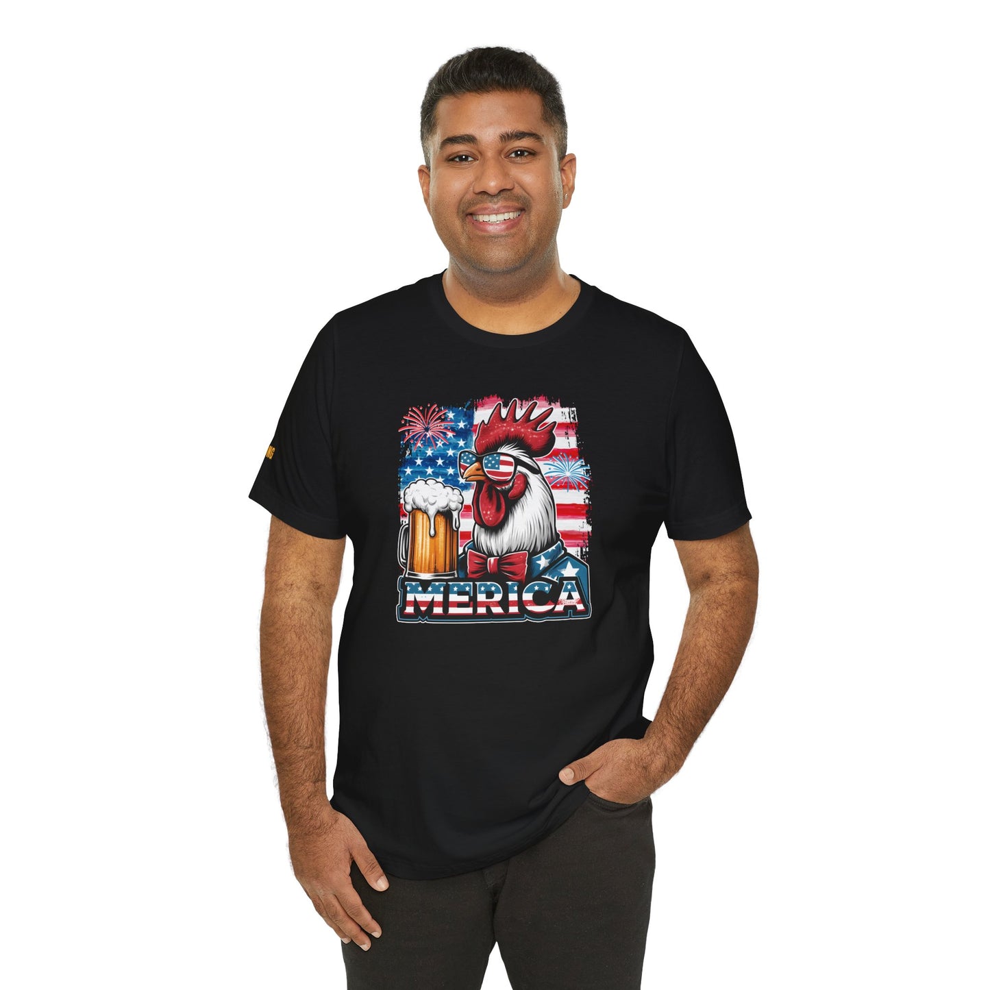 Cool rooster wearing American flag sunglasses and bowtie, holding a beer mug, with fireworks and USA flag in the background. In black.