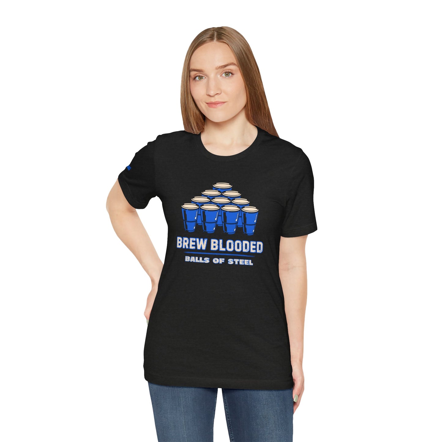 Beer pong t-shirt featuring a pyramid of blue cups with bold text reading "Brew Blooded – Balls of Steel."
