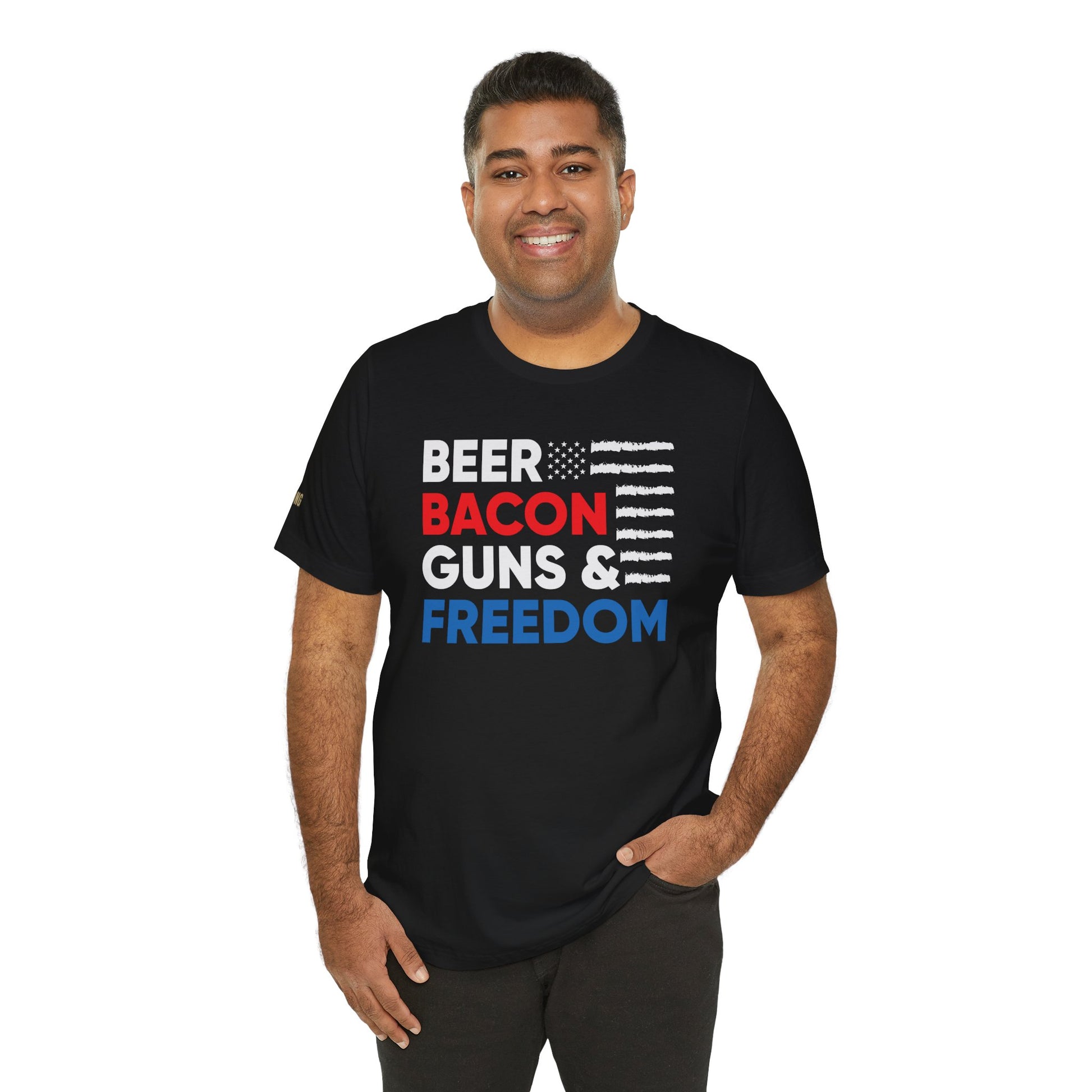 Funny quote Beer Bacon Guns & Freedom T-Shirt with bold red, white & blue American flag design – perfect for patriots and beer lovers. in black.