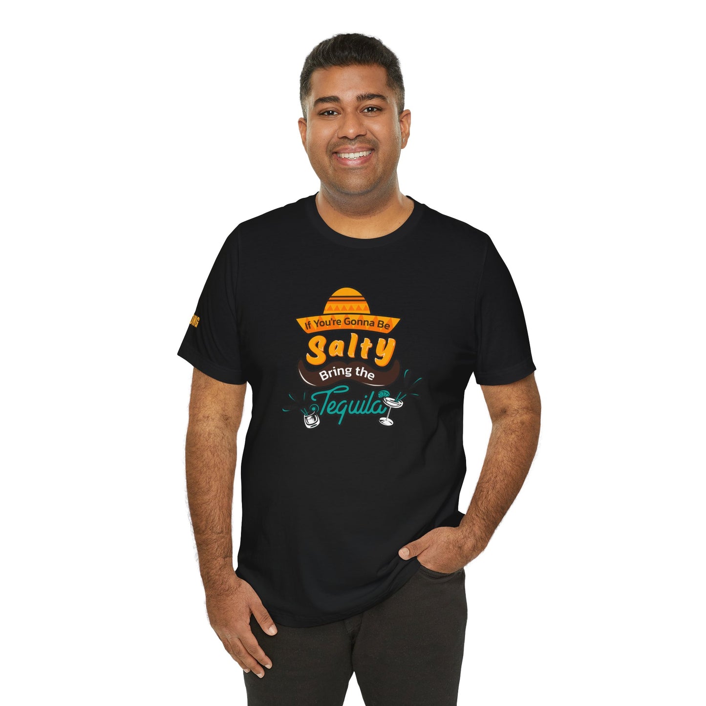 Model wearing the If You’re Gonna Be Salty, Bring the Tequila t-shirt, available in multiple colors and plus sizes, perfect for margarita and tequila lovers.