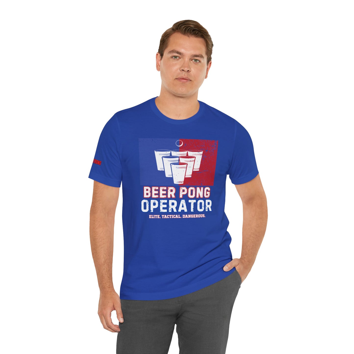A distressed-style red, white, and blue beer pong design with bold text reading "Beer Pong Operator" and the tagline "Elite. Tactical. Dangerous." Perfect for 4th of July, Independence Day parties, and patriotic beer pong battles.