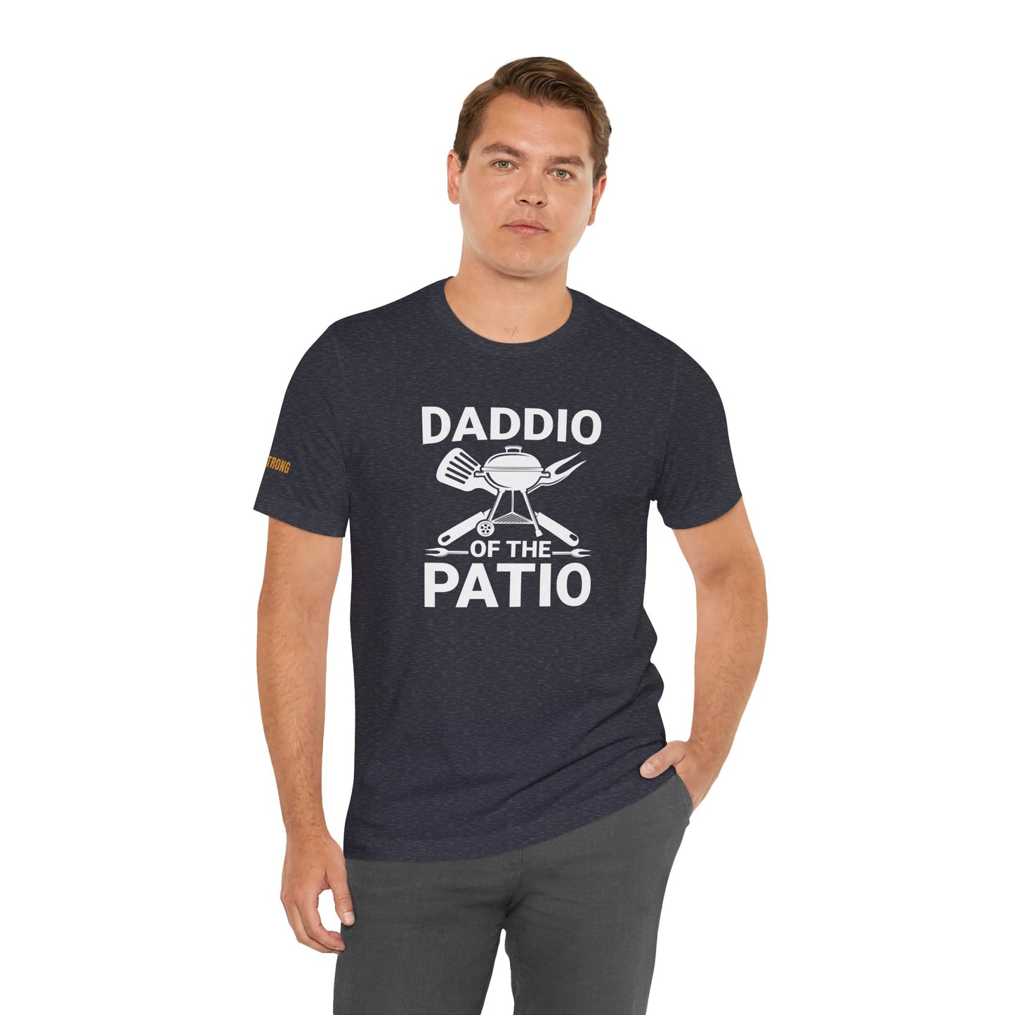 "Daddio of the Patio" BBQ-themed t-shirt with grill, spatula, fork, and crossed grilling tools.