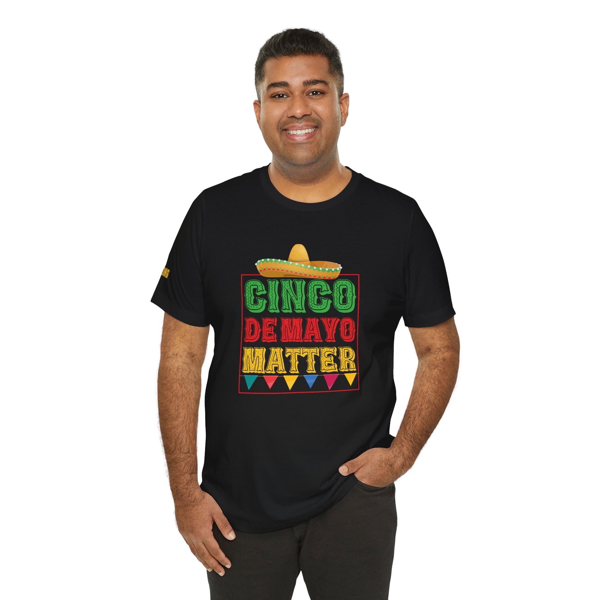 Cinco de Mayo party t-shirt featuring a bold, colorful fiesta-inspired design. Available in multiple colors and plus sizes.