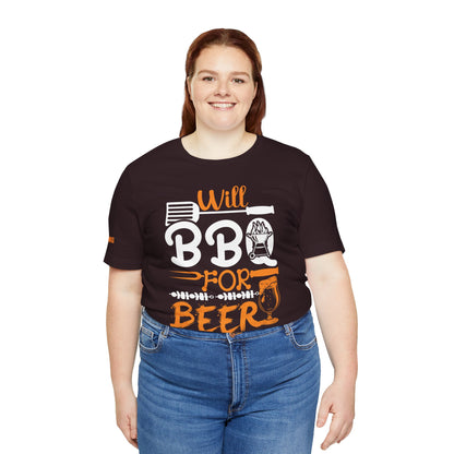 Funny BBQ t-shirt with "Will BBQ for Beer" text, featuring grilling utensils, skewers, a fire pit, and a frothy beer glass. Available in plus sizes.