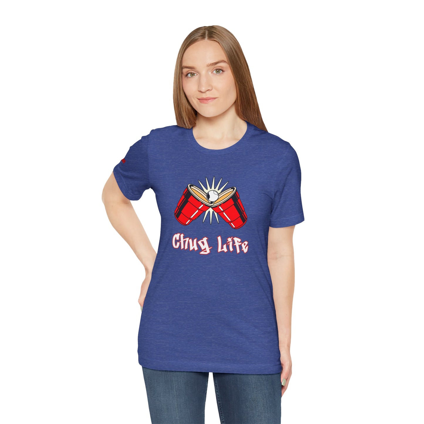Funny beer pong t-shirt featuring two red party cups clinking with a beer pong ball in the center. The text reads “Chug Life” in a bold, graffiti-style font.