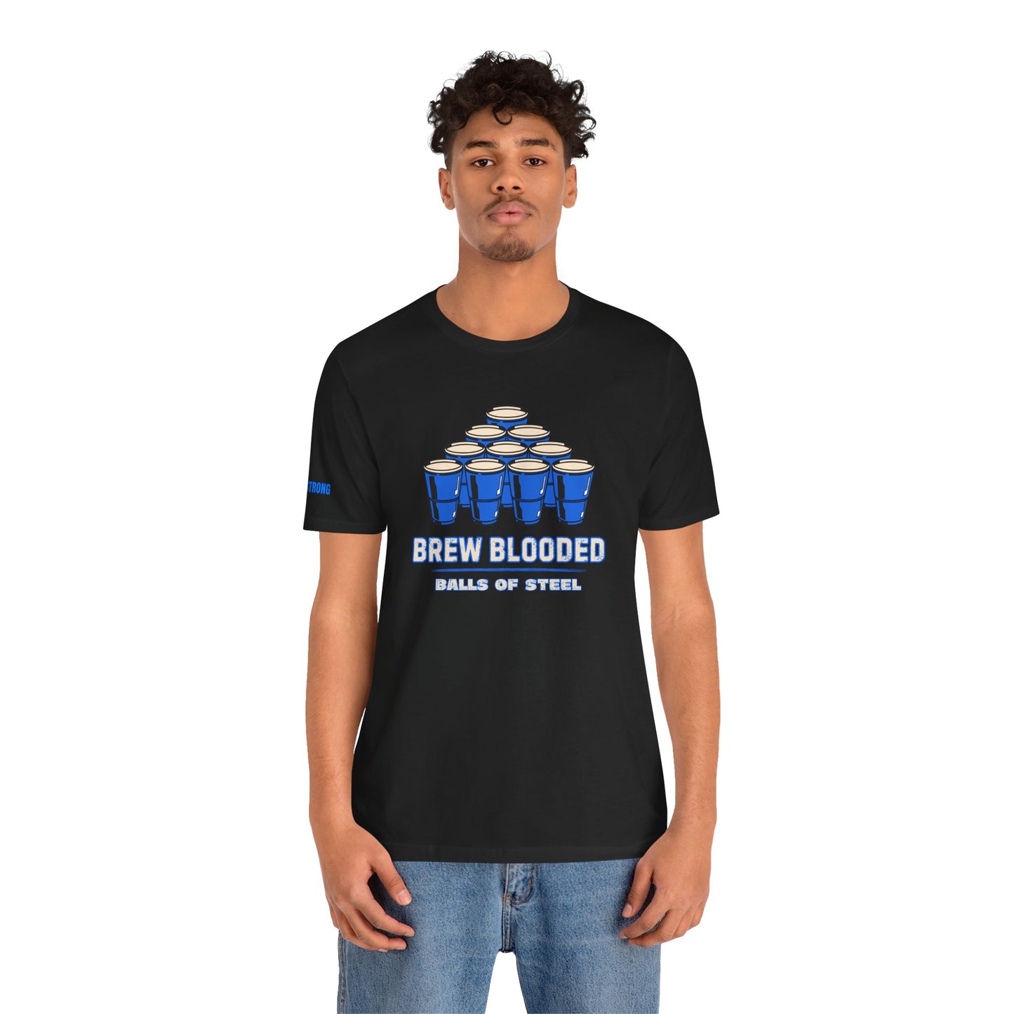 Beer pong t-shirt featuring a pyramid of blue cups with bold text reading "Brew Blooded – Balls of Steel."