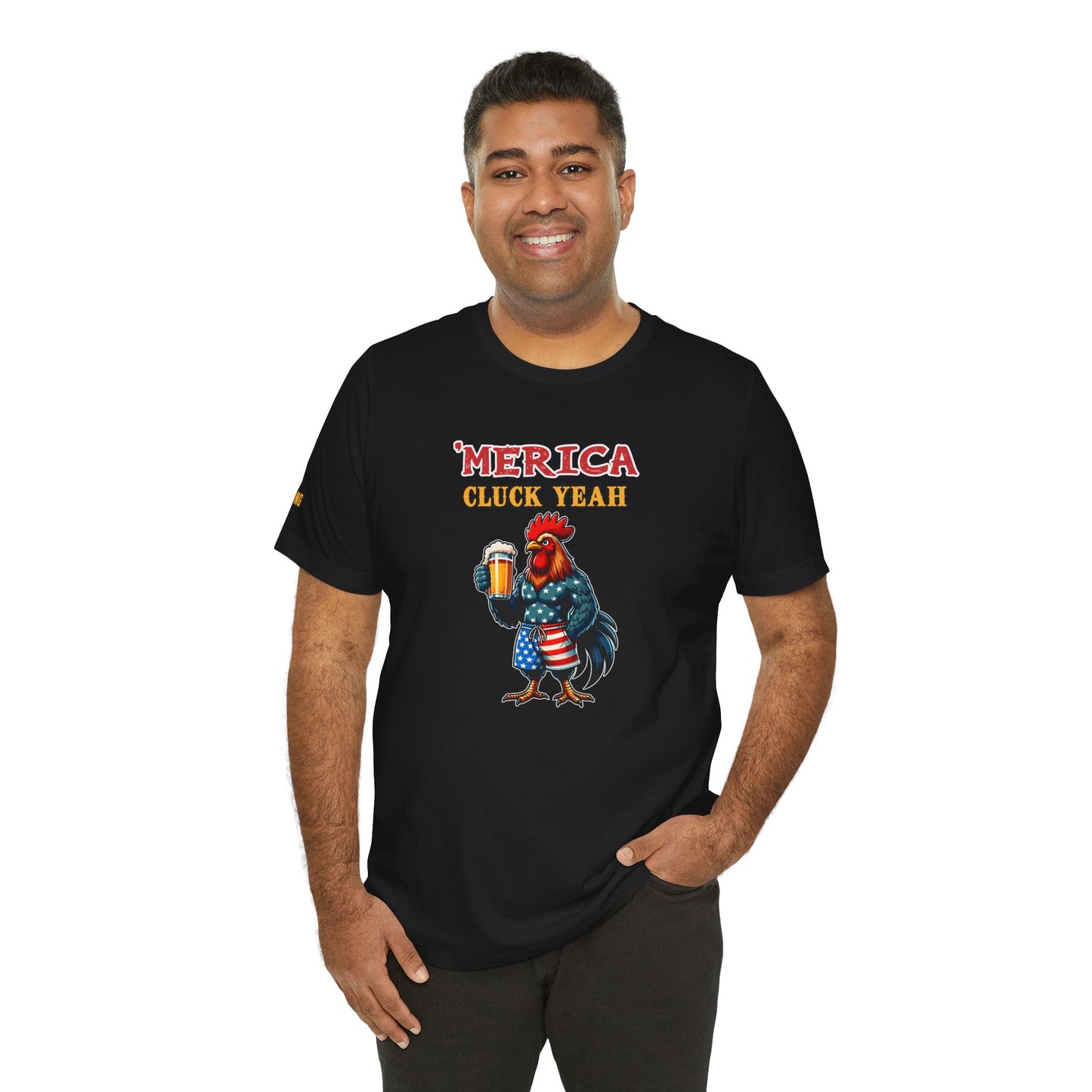 Patriotic rooster holding a beer, wearing American flag shorts, with funny alcohol quote “’Merica – Cluck Yeah!” on a black background. In black.