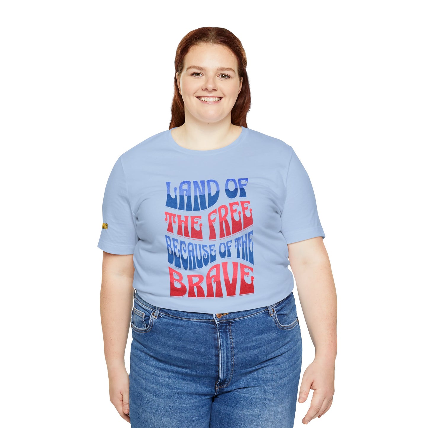 Show your American pride! This Land of the Free Because of the Brave t-shirt is perfect for 4th of July, veterans, and patriots who love the USA!  Available in plus sizes.