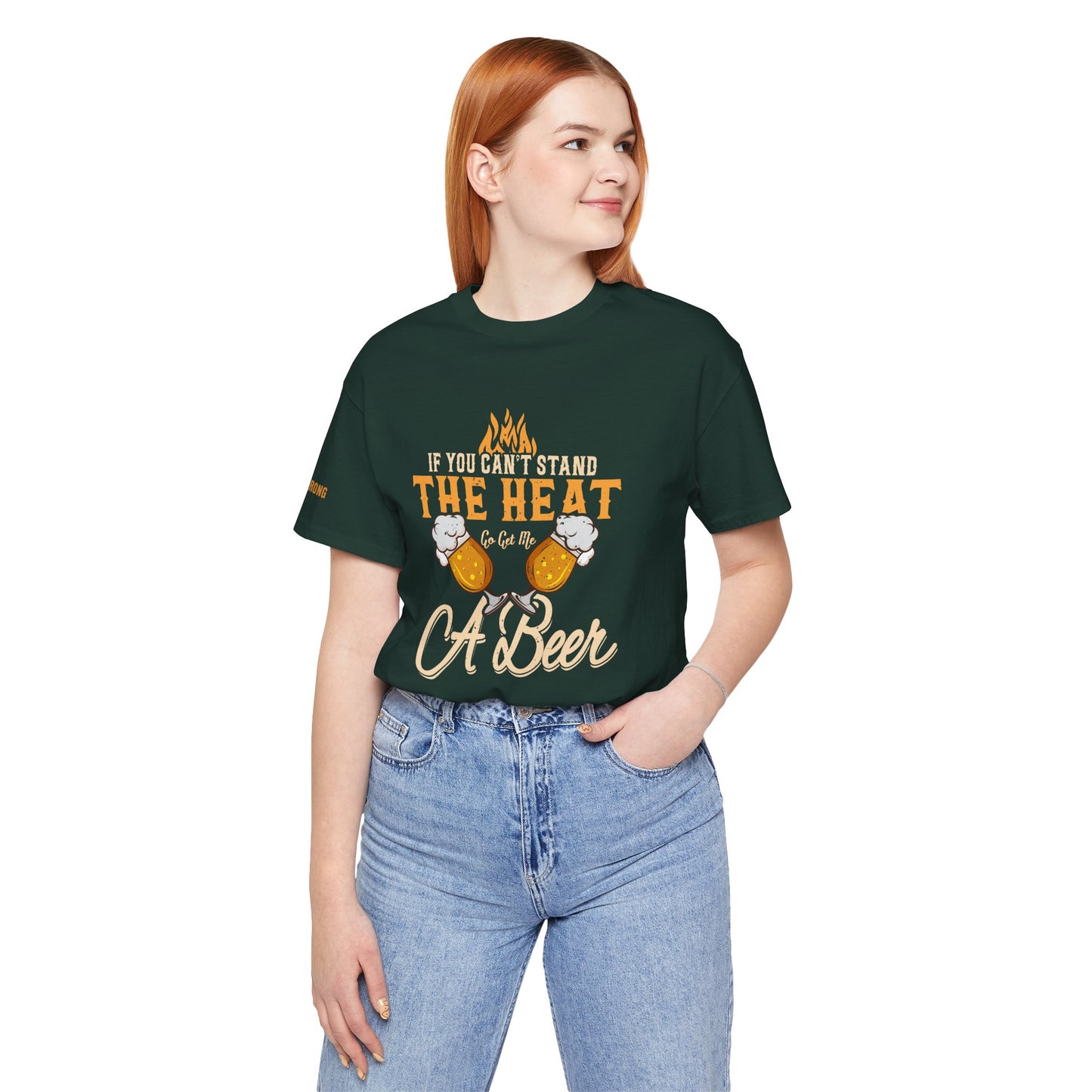 BBQ and beer-themed t-shirt with "If You Can’t Stand the Heat, Go Get Me a Beer" design, featuring beer mugs and flames.