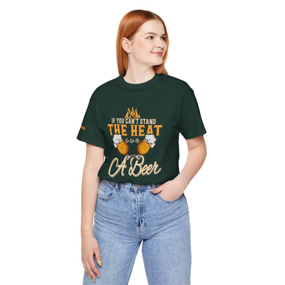 BBQ and beer-themed t-shirt with "If You Can’t Stand the Heat, Go Get Me a Beer" design, featuring beer mugs and flames.
