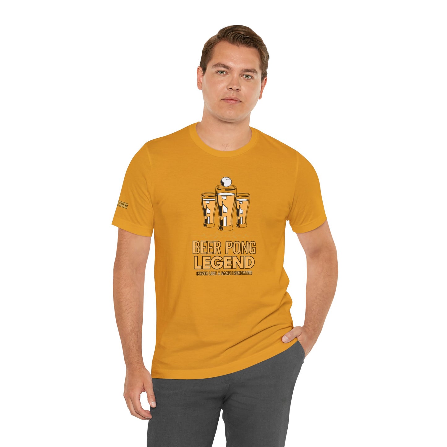 Funny Beer Pong Legend t-shirt featuring golden beer glasses arranged like a championship podium with a pong ball soaring overhead. The perfect beer lover’s shirt for parties, graduations, BBQs, and drinking team reunions.