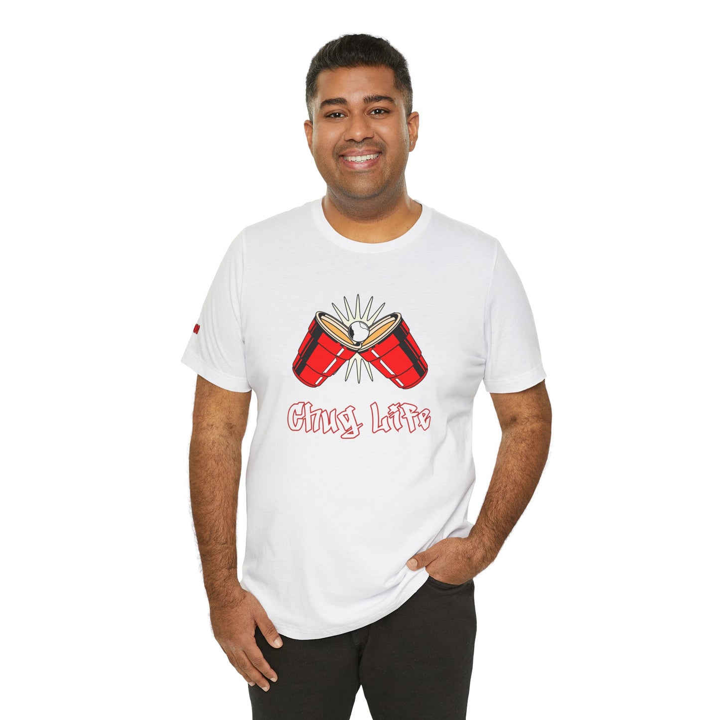 Funny beer pong t-shirt featuring two red party cups clinking with a beer pong ball in the center. The text reads “Chug Life” in a bold, graffiti-style font.